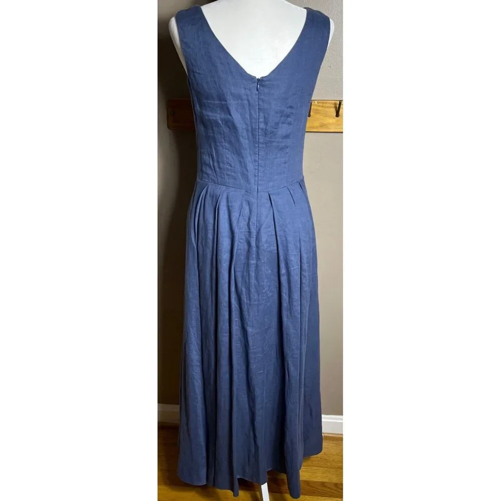 Sundance Linen Dress Blue Fit Flare Maxi Minimalist Luxury Wedding Guest Women 4 - Picture 4 of 13